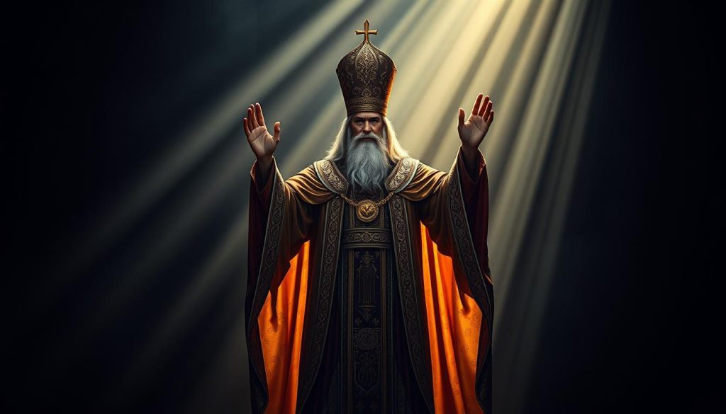 A majestic Hierophant figure stands in the center, cloaked in ornate, flowing robes and a tall, pointed headdress. His hands are raised in a gesture of blessing, exuding an air of wisdom and authority. The background is a dimly lit, sacred space, with shadows and light intertwining to create an atmosphere of mysticism and reverence. Intricate patterns and symbols adorn the walls, hinting at the Hierophant's deep connection to ancient spiritual traditions. This image, created by Nebahat Özge Tan, captures the essence of "The Hierophant (Başrahip) Kartı ve Anlamı" - a representation of tradition, authority, and the guidance of higher spiritual knowledge.