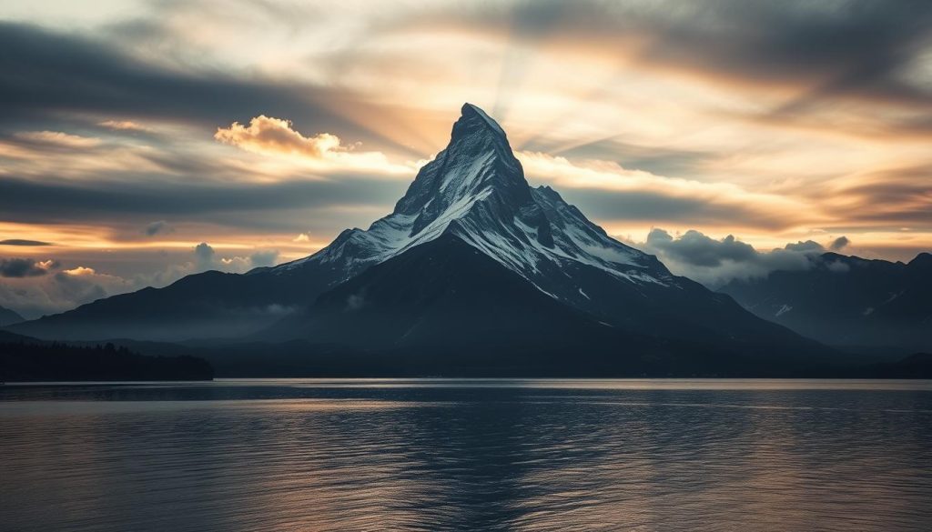A majestic mountain peak rises against a moody, atmospheric sky. Sunlight filters through wispy clouds, casting warm, golden hues on the rugged, snow-capped summit. In the foreground, a serene lake reflects the mountain's silhouette, its still waters mirroring the tranquility of the scene. The composition is balanced, with the mountain dominating the frame, yet leaving ample negative space to convey a sense of vastness and awe. Subtle shadows and highlights accentuate the mountain's imposing, yet graceful form. This image, as interpreted by the renowned "Nebahat Özge Tan", captures the symbolic power and mystique of the mountain, a timeless emblem of strength, solitude, and the enduring beauty of the natural world.