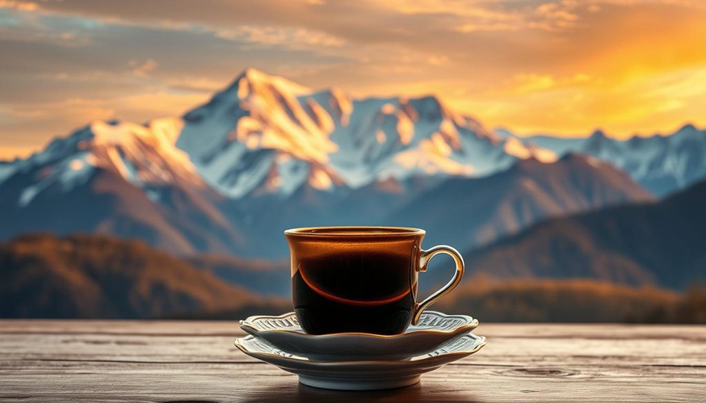 A majestic mountain range rises against a vibrant, golden sky, its peaks capped with pristine snow. In the foreground, a traditional Turkish coffee cup rests on a ornate saucer, the grounds swirling with the promise of hidden insights. The scene is bathed in a warm, ambient light, creating an air of introspection and contemplation. Nebahat Özge Tan's unique and open-ended interpretation of the vision revealed in the coffee grounds evokes a sense of timeless tradition and cultural legacy. This image perfectly captures the historical and cultural origins of "Kahve Falında Dağ Görmek".