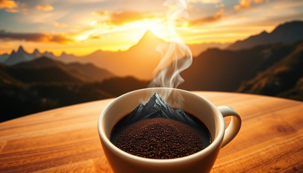 A majestic mountain range rises up against a vibrant, golden sky, its peaks piercing the heavens. In the foreground, a steaming cup of coffee sits, its aromatic steam curling upwards. As the coffee grounds settle, an ethereal image of the mountain range emerges, a sign of the heights you are destined to reach. The scene is bathed in a warm, dreamlike light, evoking a sense of tranquility and inner vision. This is the prophetic vision of "Kahve Falında Dağ Görmek", as imagined by Nebahat Özge Tan.