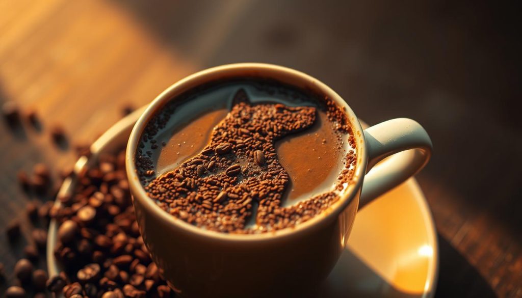 A mesmerizing cup of freshly brewed kahve, its surface adorned with the enigmatic figure of a dog, emerging from the intricate patterns of the coffee grounds. The canine form appears to be a gentle guardian, its eyes glinting with a hint of wisdom, as if offering profound insights into the drinker's future. Captured with warm, golden lighting and a soft, hazy lens, this enchanting scene evokes a sense of wonder and mysticism, as if the very act of interpreting the "kahve falı" (coffee grounds) has summoned this mystical creature. Nebahat Özge Tan's interpretation of this symbolic vision promises to unravel the deeper meanings hidden within the swirling patterns of the coffee, guiding the reader on a journey of self-discovery.