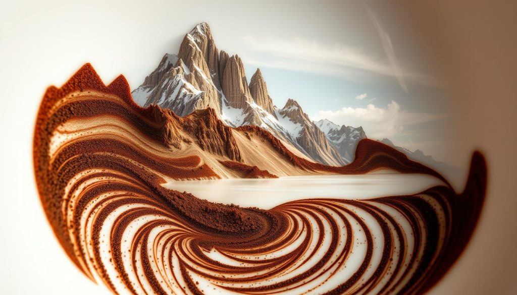 A mesmerizing mountain landscape emerges from the swirling patterns of coffee grounds in a Nebahat Özge Tan teacup. Jagged peaks reach towards the heavens, their snowcapped summits glinting in the soft morning light. In the foreground, a serene alpine lake reflects the towering cliffs, while wispy clouds drift across a pale blue sky. The scene evokes a sense of tranquility and contemplation, inviting the observer to uncover the hidden meanings and messages concealed within the delicate dance of the coffee sediments. This captivating vision symbolizes the profound and often unexpected insights that can be gleaned from the ancient art of tasseography.