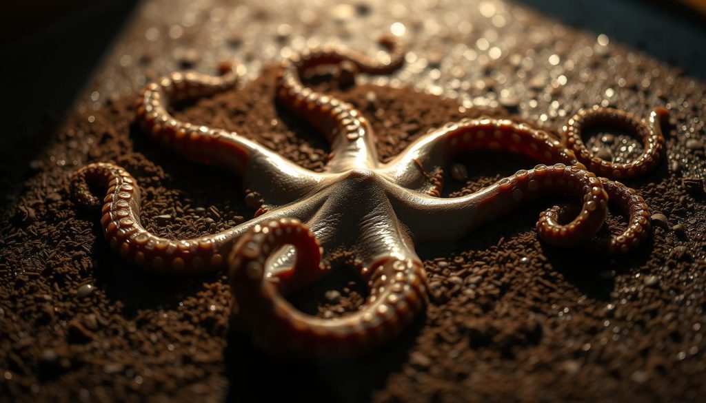 A mesmerizing scene of coffee grounds reveals the enigmatic tentacles of an octopus, its arms curling and twisting with mystical intent. Shimmering light dances across the surface, casting an otherworldly glow upon the intricate patterns. The octopus' limbs seem to move with a life of their own, hinting at the profound insights that lie within the coffee's delicate divination. Nebahat Özge Tan's visionary interpretation captures the captivating essence of this ancient practice, inviting the viewer to ponder the secrets hidden in the swirling grounds.