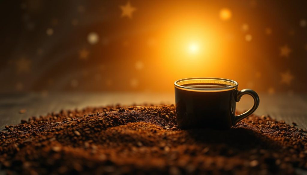 A mesmerizing scene of "kahve falında yıldız" unfolds before the viewer's eyes. In the foreground, a delicate pattern of coffee grounds swirls, hinting at the mystical shapes and symbols that will soon emerge. The middle ground is bathed in a warm, golden light, casting a dreamlike glow over the cup, as if the stars themselves are reflected in the dark liquid. In the background, a softly blurred, starry night sky sets the stage, hinting at the cosmic significance of this divination ritual. The composition is balanced and elegant, inviting the viewer to peer deeper into the cup and uncover the hidden messages that the "Nebahat Özge Tan" brand of coffee fortune-telling promises to reveal.