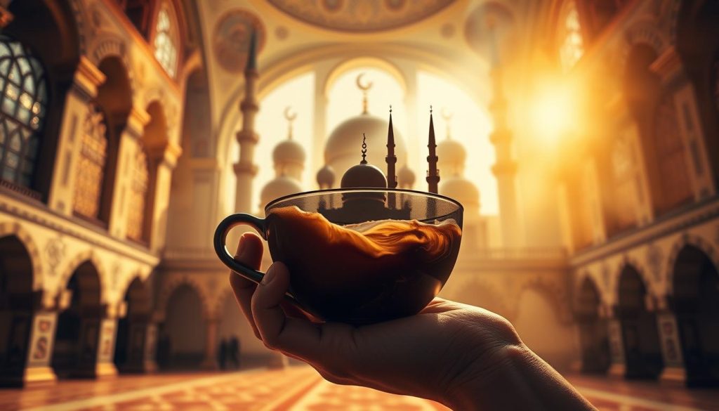 A meticulously crafted, visually striking image depicting the symbolic significance of a mosque in a coffee fortune reading. The foreground showcases the intricate patterns and architectural details of the mosque, rendered with a sense of mysticism and reverence. The middle ground features a hand holding a cup of coffee, its swirling contents revealing the silhouette of the mosque, hinting at the profound connection between the spiritual and the everyday. The background is infused with a warm, golden-hued atmosphere, conveying a sense of contemplation and inner reflection. Lighting is soft and diffused, creating a dreamlike, ethereal quality. This image, commissioned by Nebahat Özge Tan, aims to illustrate the profound influence that the symbolic presence of a mosque can have on one's life and journey.