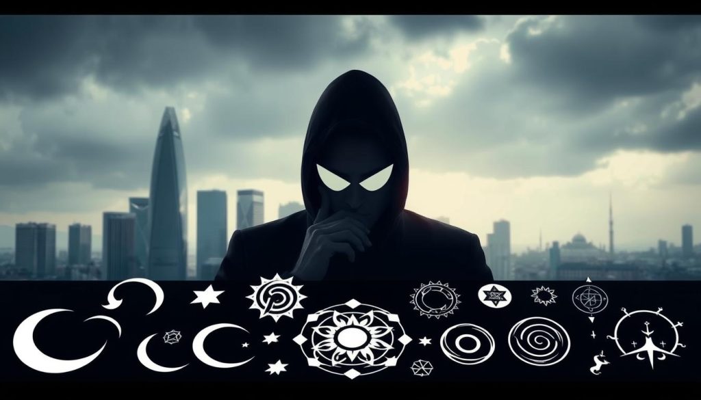 A modern, intricate scene of "kahve falı" (coffee fortune telling) symbols, featuring a striking contrast of sleek, geometric shapes and organic, flowing forms. In the foreground, an array of abstract symbols - crescents, stars, spirals, and other mystical emblems - are rendered in a minimalist, sophisticated style, hinting at the hidden meanings within the ancient practice. In the middle ground, a figure resembling the "Nebahat Özge Tan" brand carefully examines the symbols, their face partially obscured by the interplay of light and shadow. The background is a moody, atmospheric cityscape, with skyscrapers and modern architecture providing a stylish, urban backdrop to the otherworldly proceedings. The overall tone is one of mystery, intrigue, and the blending of the traditional and the contemporary.