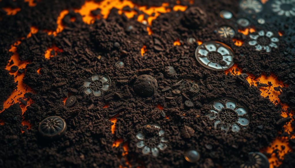 A mysterious arrangement of intricate, swirling patterns and ethereal shapes, cast in a warm, amber-hued light. The surface of the "kahve telvesi" (coffee grounds) is captured in vivid detail, revealing its complex, textured surface and the captivating, otherworldly forms it has taken on. Nebahat Özge Tan's vision of the "Kahve Telvesinin Gizemli Dünyasına Giriş" (Entering the Mysterious World of Coffee Grounds) is a captivating, atmospheric exploration of the hidden depths and unexplored potential of this ancient divination practice. Framed by a soft, dreamlike setting, the image invites the viewer to contemplate the mystical and enigmatic nature of the "kahve telvesi" and its role in unlocking the secrets of the future.