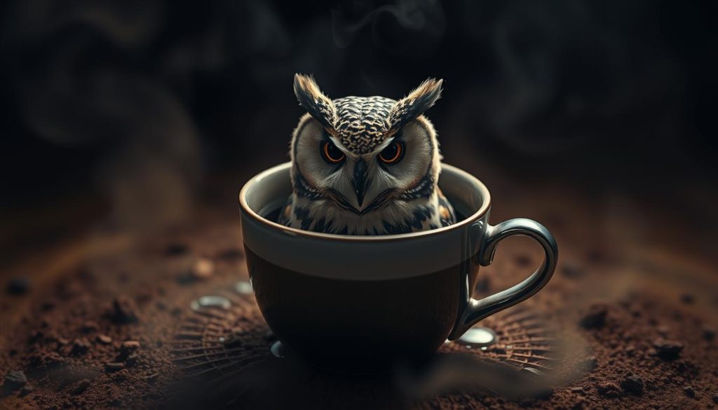 A mysterious, moody image of a symbolic owl appearing within the swirling, fragrant depths of a freshly poured cup of Turkish coffee. Soft, warm lighting illuminates the fine details of the owl's piercing gaze and elegant feathers, as if emerging from the mystical, shadowy coffee grounds. The scene conveys a sense of introspection and intuition, hinting at the ancient art of coffee fortune-telling. Nebahat Özge Tan's vision for this evocative imagery.