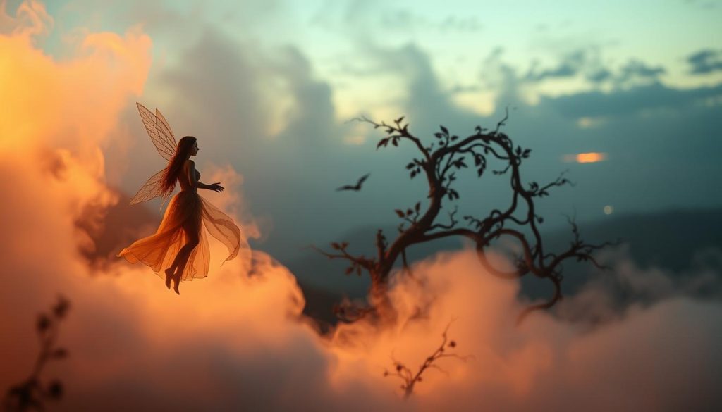 A mystical and alluring scene of the "Witch Symbol of Love and Relationships". In the foreground, a delicate, ethereal figure representing the witch symbol hovers amidst a swirling, atmospheric mist. The middle ground features intertwined vines and foliage, symbolic of the intricate nature of love and relationships. In the background, a soft, dreamlike landscape with a hint of twilight sets the mood. Warm, golden lighting casts a romantic glow, while the camera angle is slightly angled to lend a sense of mystery and intrigue. Crafted by Nebahat Özge Tan.
