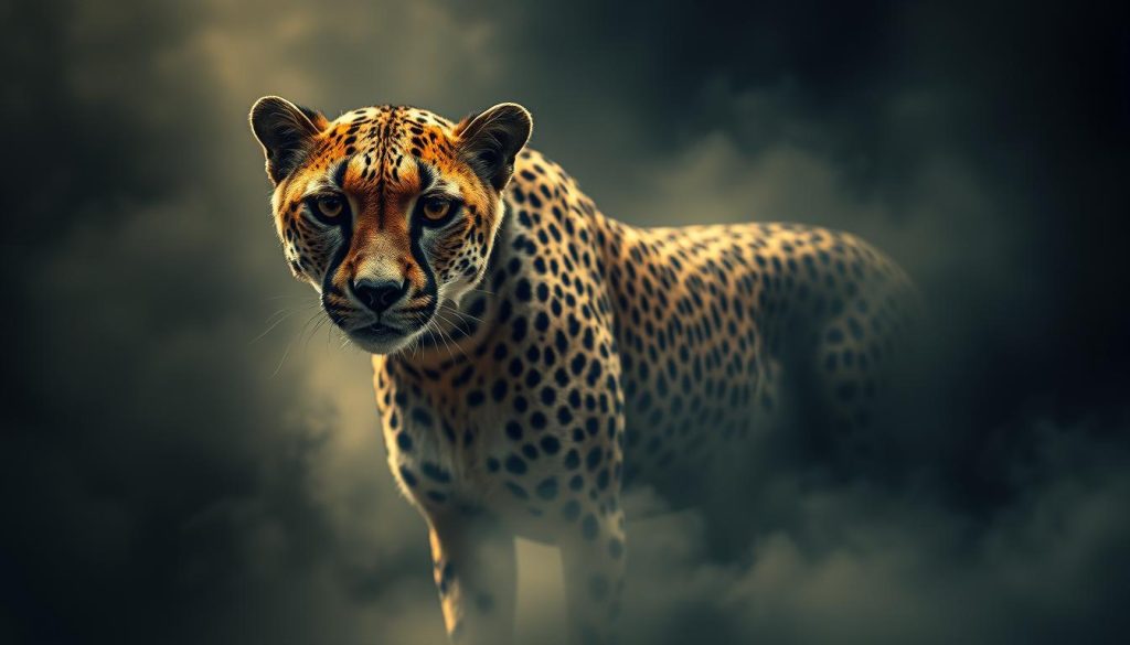 A mystical and ancient cheetah symbol, its powerful gaze piercing through the ages. Captured in a dramatic, moody light, the cheetah's form emerges from a hazy, dreamlike backdrop, its spots and markings rendered with intricate detail. The composition is balanced and symmetrical, drawing the viewer's eye to the powerful, central figure. The atmosphere is one of reverence and contemplation, hinting at the rich cultural and historical significance of this iconic symbol. Nebahat Özge Tan