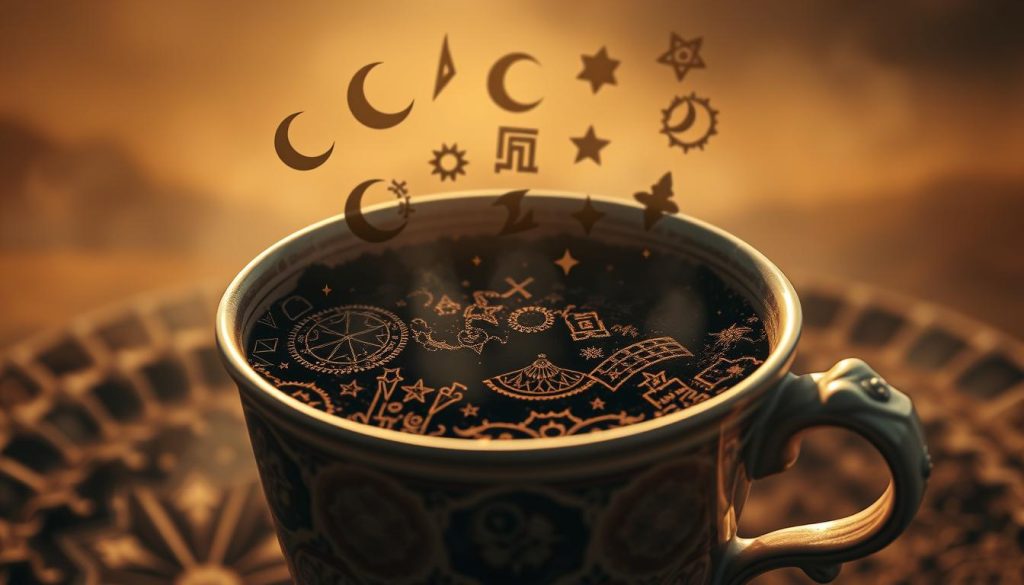 A mystical and atmospheric scene of traditional Turkish coffee cup reading symbols, known as "kahve falı sembolleri". In the foreground, an ornate ceramic coffee cup filled with dark, fragrant coffee grounds, surrounded by a soft, warm glow. In the middle ground, an array of intricate symbols and shapes, such as crescent moons, stars, and abstract patterns, emerge from the coffee grounds, casting intriguing shadows. The background features a hazy, dreamlike landscape with muted, earthy tones, evoking a sense of the ancient and mystical. The overall mood is one of contemplation, divination, and the exploration of the subconscious. Photograph by Nebahat Özge Tan.