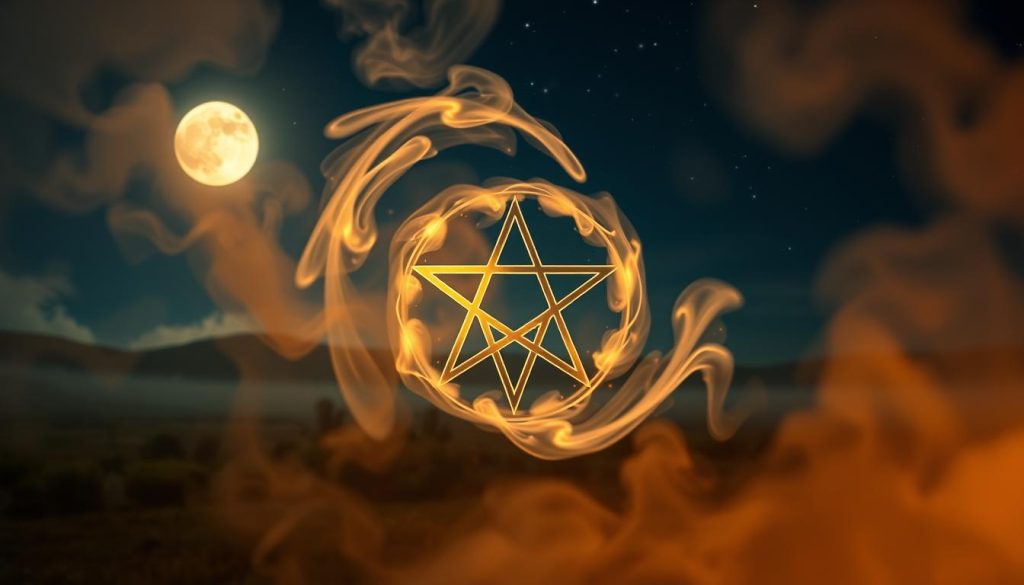 A mystical and enchanting symbol of the witch, a pentagram enveloped in a swirling mist, casting an ethereal glow. In the foreground, the pentagram's five points represent the elements - earth, air, fire, water, and spirit - intertwined in a captivating dance. The middle ground features a serene, moonlit landscape, hinting at the otherworldly nature of the symbol. In the background, a starry night sky, dotted with celestial bodies, adds to the sense of cosmic energy. Soft, warm lighting illuminates the scene, creating a soothing, magical atmosphere. Nebahat Özge Tan