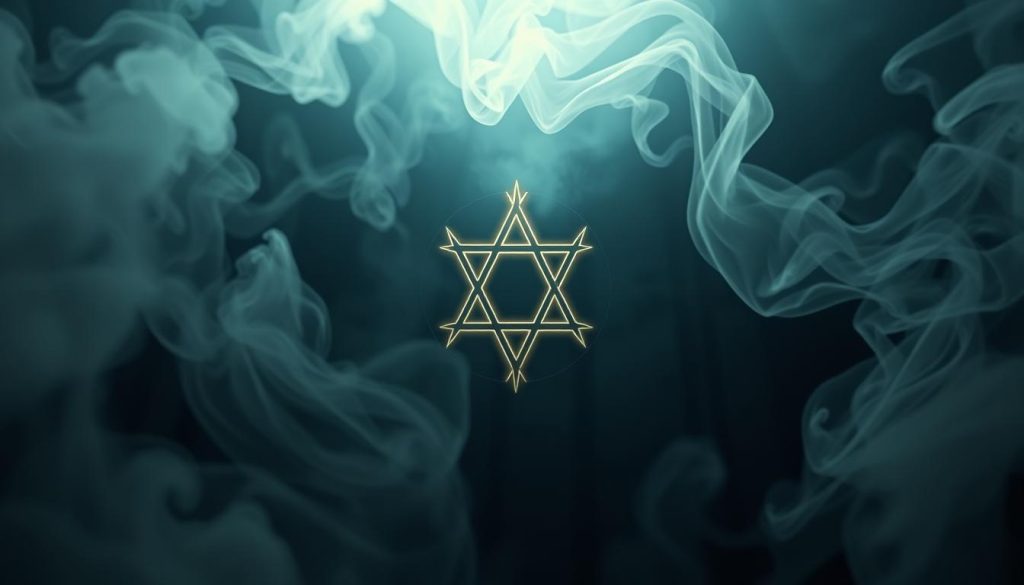 A mystical and ethereal depiction of the Cadi Symbol, a powerful emblem of occult and spiritual significance. In the foreground, the symbol hovers amidst swirling wisps of smoke and mist, glowing with an inner luminescence. The middle ground features a dimly lit, shadowy forest, hinting at the ancient, mystical origins of the symbol. The background is shrouded in a deep, inky darkness, instilling a sense of the unknown and the unseen. The overall atmosphere is one of reverence, mystery, and the supernatural, captured through low-key, moody lighting and a painterly, almost impressionistic style. Nebahat Özge Tan