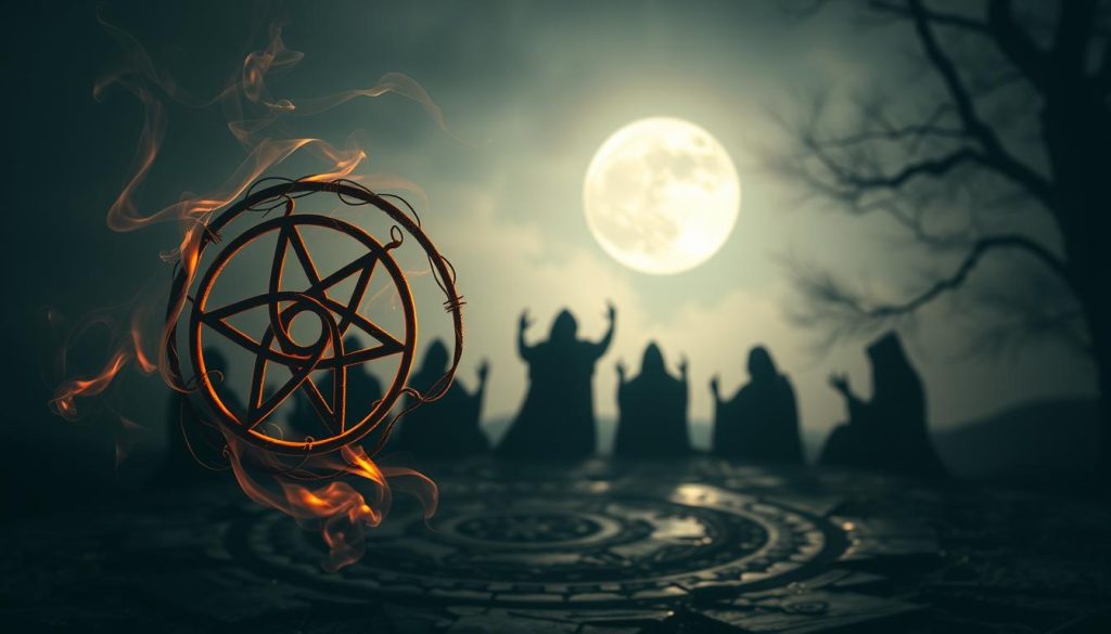 A mystical and ethereal depiction of the "cadı sembolü" (witch symbol), infused with an air of occult mysticism. In the foreground, an intricate, spiraling pentagram casts a warm, amber glow, surrounded by delicate, wispy tendrils of smoke. The middle ground features a coven of shadowy, hooded figures gathered in a ritual circle, their hands raised in reverence. In the background, a full moon bathes the scene in a soft, ethereal light, casting long, dramatic shadows. The overall atmosphere is one of ancient, mystical power, capturing the essence of "Kahve Falında Cadı Görmek" as described in the article by Nebahat Özge Tan.
