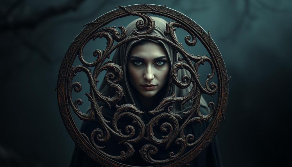 A mystical and ethereal interpretation of the witch symbol by renowned fortune-teller Nebahat Özge Tan. In the foreground, an intricate, swirling design representing the forces of nature and the occult, rendered in rich, earthy tones. In the middle ground, Nebahat Özge Tan's enigmatic, penetrating gaze peers out, her expression a blend of wisdom and otherworldly insight. The background is shrouded in a moody, atmospheric haze, suggesting the veil between the physical and spiritual realms. The overall mood is one of ancient magic, intuition, and the profound mysteries of the universe.
