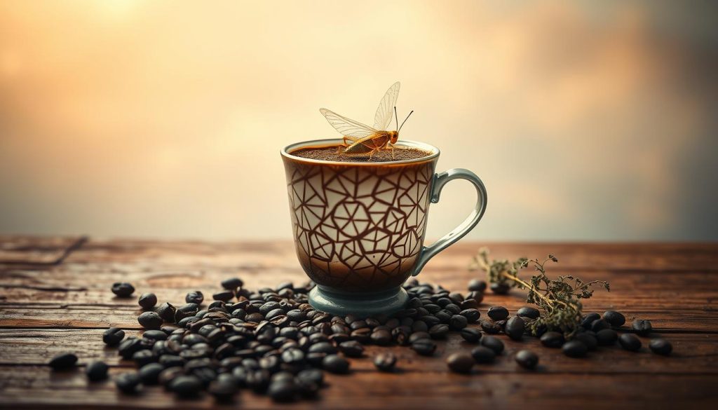 A mystical and ethereal scene of a coffee cup divination, where a translucent, ghostly grasshopper emerges from the intricate patterns of the coffee grounds. The background is a serene, hazy sky with a touch of warm, golden light filtering through. The cup is delicately balanced on a wooden table, surrounded by a few scattered coffee beans and a sprig of fragrant herbs. The mood is one of introspection and contemplation, as the viewer ponders the meaning behind this unexpected omen. Nebahat Özge Tan