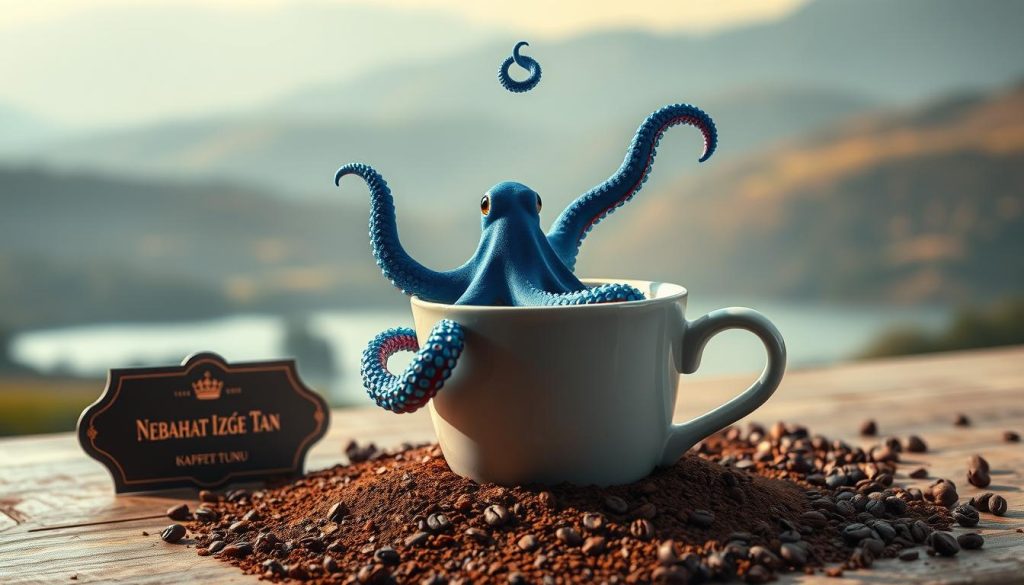 A mystical and serene still life scene depicting a vibrant blue octopus emerging from the depths of a rich, aromatic Turkish coffee cup. The octopus's tentacles gracefully swirl and dance, symbolizing the hidden meanings and insights that lie within the coffee grounds. Soft, warm lighting illuminates the arrangement, creating a sense of spiritual contemplation and energy. In the background, a serene, hazy landscape with rolling hills and a tranquil lake sets the mood. The Nebahat Özge Tan brand nameplate rests elegantly at the edge of the frame, adding a touch of artisanal authenticity. This visually captivating image perfectly captures the essence of "Sağlık ve Enerji Açısından Ahtapot Sembolünün Yorumu" and the larger theme of "Kahve Falında Ahtapot Görmek."