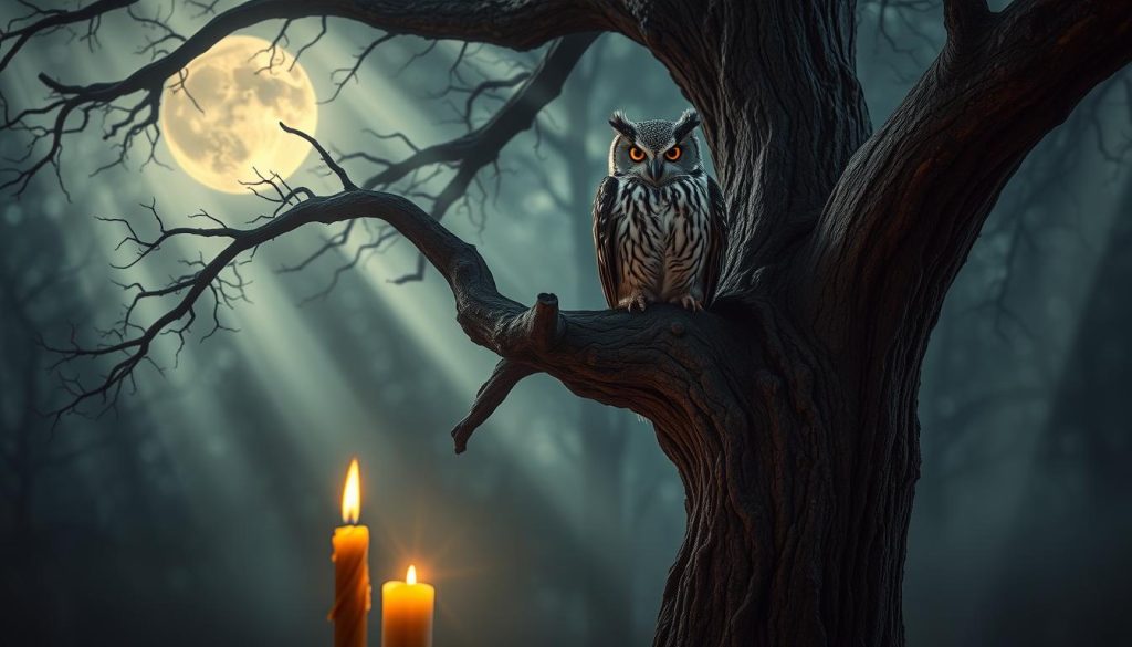 A mystical baykuş (owl) perched upon a gnarled, ancient tree branch, its piercing gaze fixed upon the viewer. Shafts of moonlight filter through the mist-shrouded forest, casting an otherworldly glow. In the foreground, a solitary candle flickers, its flame dancing with an arcane rhythm. The scene evokes a sense of esoteric knowledge, as if the baykuş holds the secrets of the universe within its piercing eyes. Nebahat Özge Tan's artistic vision brings this mystical moment to life, inviting the viewer to ponder the deeper meaning of the baykuş's presence.
