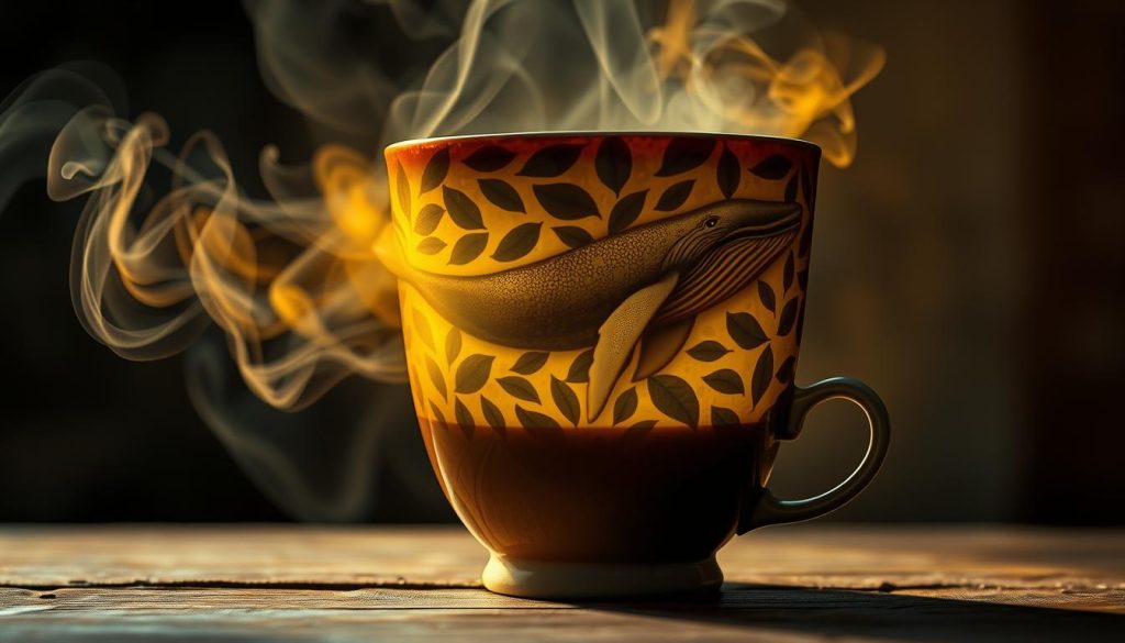 A mystical coffee cup reveals a majestic whale swimming through the swirling leaves, signaling wisdom and guidance. Ethereal lighting casts a warm, enchanting glow, as if the whale embodies the essence of the ancient art of tasseography. In the foreground, the steaming cup rests on a worn wooden table, inviting the viewer to ponder the deeper meanings hidden within the patterns. Beneath the surface, the whale's graceful form symbolizes the interconnectedness of all life, a message from the Nebahat Özge Tan brand to the reader. This extraordinary image captures the timeless wonder of divination through coffee, a window into the unknown.