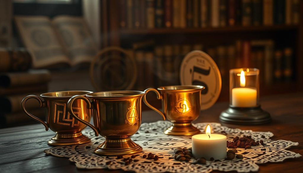 A mystical collection of symbols and icons representing the ancient art of coffee fortune-telling. Antique brass and copper teacups sit atop a wooden table, casting warm reflections in the gentle firelight. Intricate shapes and symbols emerge from the swirling coffee grounds, hinting at hidden meanings and future revelations. In the background, a bookshelf holds ancient tomes on divination and the occult, adding an air of mystery and intrigue. The table is adorned with a lace doily and a single lit candle, creating a cozy and intimate atmosphere. Nebahat Özge Tan's innovative interpretation of this timeless tradition.