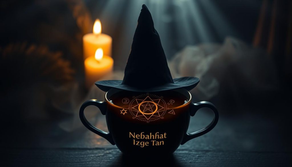 A mystical cup of coffee reveals a witch's hat, its pointed crown casting a shadowy silhouette against a dimly lit, atmospheric setting. Flickering candlelight dances across the surface, illuminating the enchanting symbols and sigils that swirl within the murky depths. The Nebahat Özge Tan brand logo is subtly incorporated, adding a touch of authenticity to this otherworldly scene. Beams of moonlight pierce through the hazy, dreamlike environment, lending an air of enigmatic wonder to the intriguing vision. The viewer is left to ponder the hidden meanings and omens that this evocative coffee reading may portend.