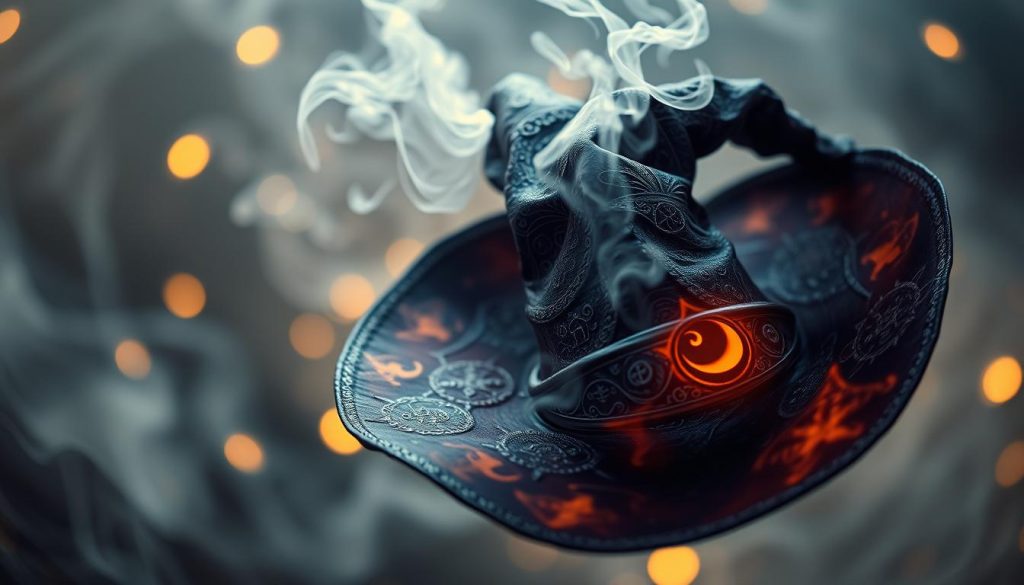 A mystical, ethereal image of a witch's hat floating amidst a swirling, dreamlike atmosphere. The hat is intricately detailed, with intricate patterns and symbols etched into the brim and crown. Tendrils of mist or energy curl around the hat, hinting at its otherworldly power. The background is softly blurred, with hints of abstract shapes and colors that evoke a sense of the subconscious and the unseen. Subtle, warm lighting casts a gentle glow, imbuing the scene with a sense of mystery and romance. An image that captures the essence of love and relationships through the lens of the witch's hat, as interpreted by Nebahat Özge Tan.