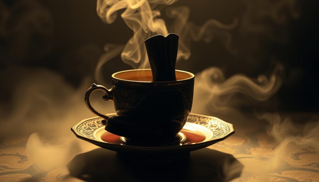 A mystical, ethereal scene of a magnificent, ornate coffee cup nestled in a dimly lit, atmospheric space. The cup's intricate design features a detailed, life-like image of a tall, elegant boot emerging from the surface of the coffee, casting a long, elongated shadow across the saucer. The boot's shape and size holds significant meaning, hinting at hidden insights and fortunes to be revealed. Soft, warm lighting illuminates the scene, creating a sense of contemplation and wonder. In the background, a faint, swirling mist adds to the dreamlike quality, as if the entire scene is unfolding within the subconscious. Nebahat Özge Tan's unique artistic vision is evident throughout, capturing the profound symbolism and mysticism of this ancient Turkish divination practice.