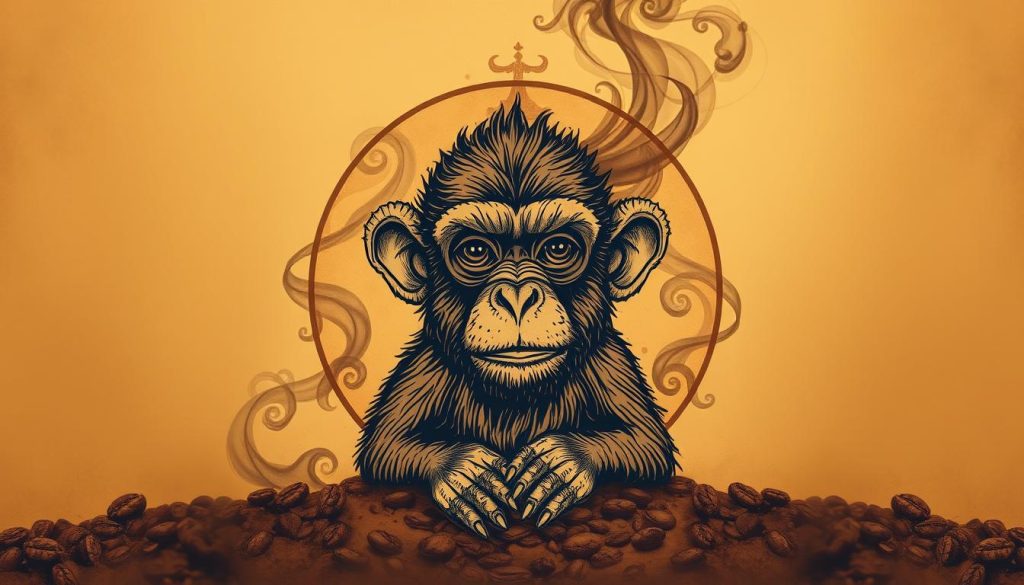 A mystical, hand-drawn illustration of a whimsical monkey symbol in a rich, sepia-toned coffee fortune. The monkey, rendered with intricate, expressive features, occupies the foreground, its gaze piercing and contemplative. The middle ground is filled with the smoky, swirling patterns of the coffee sediment, hinting at deeper meanings. The background is a warm, earthy gradient, evoking the cozy ambiance of a traditional Turkish coffee house. Soft, diffused lighting casts a dreamlike quality over the scene, as if glimpsed through the veil of a meditative trance. Nebahat Özge Tan