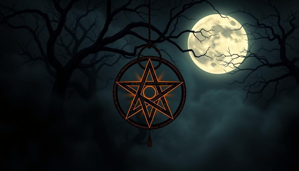 A mystical illustration of a witch's symbol, captured in a dark, atmospheric scene. The centerpiece is a detailed pentagram, its sharp lines and intricate patterns casting an eerie glow, surrounded by swirling mist and shadows. In the background, a full moon hangs ominously, its pale light filtering through the silhouettes of twisted, gnarled trees. The overall mood is one of mystery and occult power, perfectly suited to illustrate the article "Kahve Falında Cadı Görmek: Gerçek Hayattan Örnekler" by Nebahat Özge Tan.