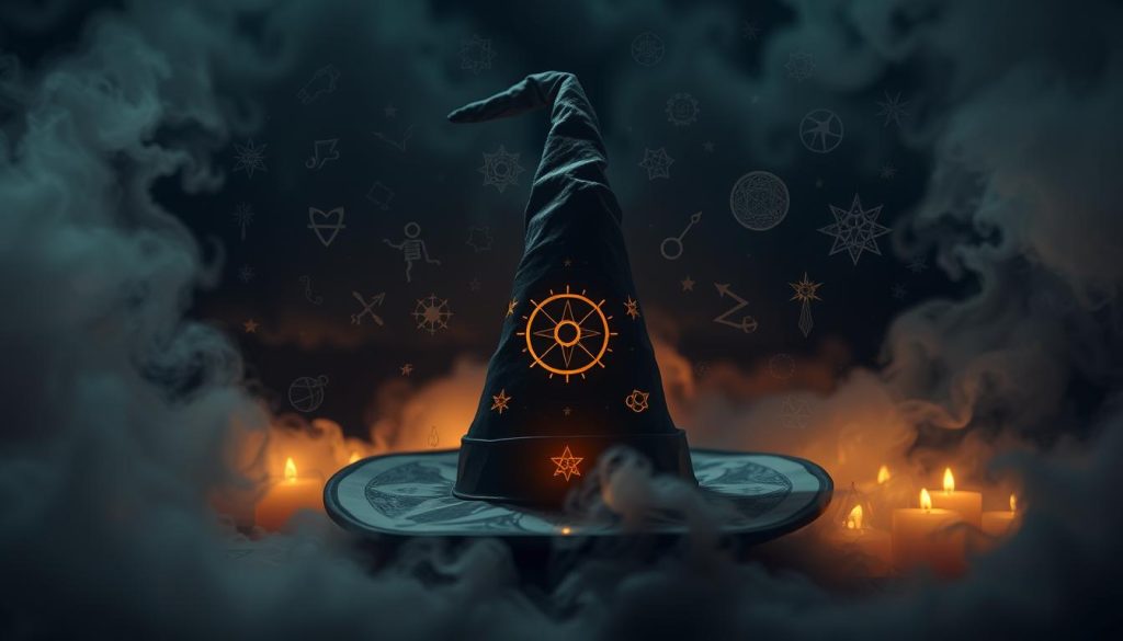 A mystical interaction unfolds between the iconic witch's hat symbol and a mesmerizing array of accompanying symbols. Amidst a softly-lit, dreamy atmosphere, the central hat casts a subtle, enigmatic glow, its brim and crown meticulously rendered. Surrounding it, a constellation of symbolic elements - astrological signs, arcane patterns, and natural motifs - intertwine in a captivating dance, hinting at the complex interplay of divination and the occult. Captured through a lens of elegant composition and nuanced lighting, this image by Nebahat Özge Tan invites the viewer to ponder the hidden meanings and interconnections within the realm of coffee fortune-telling.