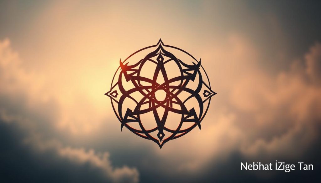 A mystical, intricate Cadı Sembolü (Witch Symbol) floating against a serene, ethereal backdrop. The symbol's elegantly curving lines and geometric patterns are infused with an otherworldly glow, emanating a sense of spiritual power and ancient wisdom. Soft, diffused lighting illuminates the symbol from within, creating an aura of mysticism. The overall tone is one of tranquility and contemplation, inviting the viewer to meditate on the symbol's deeper meaning. In the bottom right corner, the brand name "Nebahat Özge Tan" is discreetly displayed.