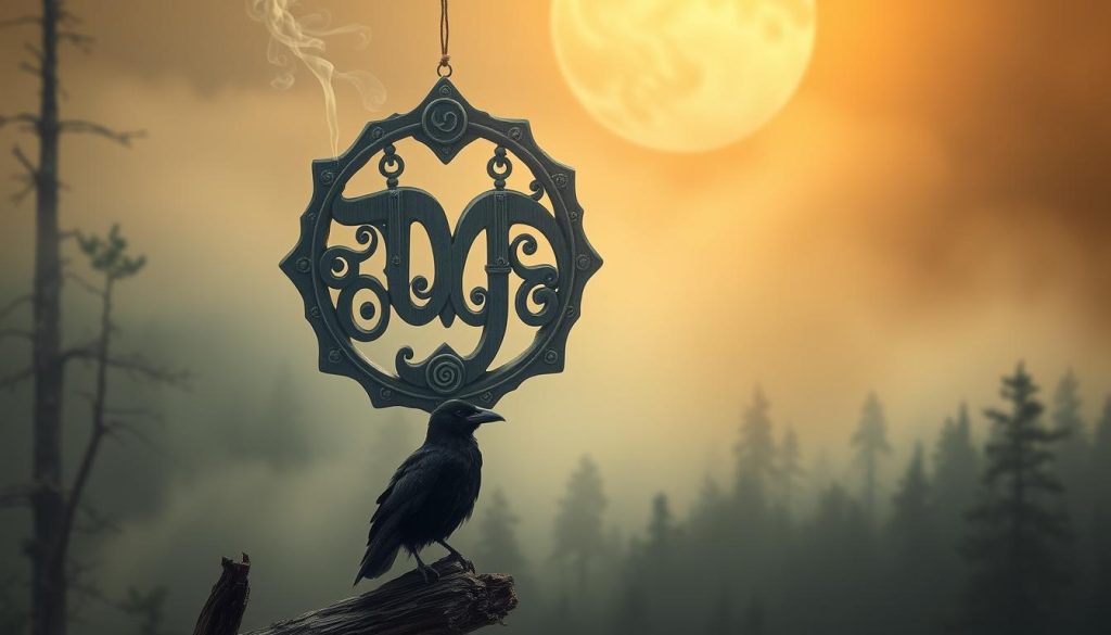 A mystical, intricate cadi symbol hovers over a serene, mist-shrouded forest landscape. Soft, warm lighting casts an otherworldly glow, while delicate, spiraling tendrils of smoke curl up from smoldering embers. The symbol, crafted from ancient, weathered wood, is adorned with intricate carvings and mysterious symbols, emanating a sense of ancient power and ritual. In the foreground, a single raven perches, its keen eyes vigilantly observing the scene. The atmosphere is one of deep contemplation and the secrets of the natural world. This image, created by Nebahat Özge Tan, will illustrate the interpretation of the cadi symbol in terms of work and career.