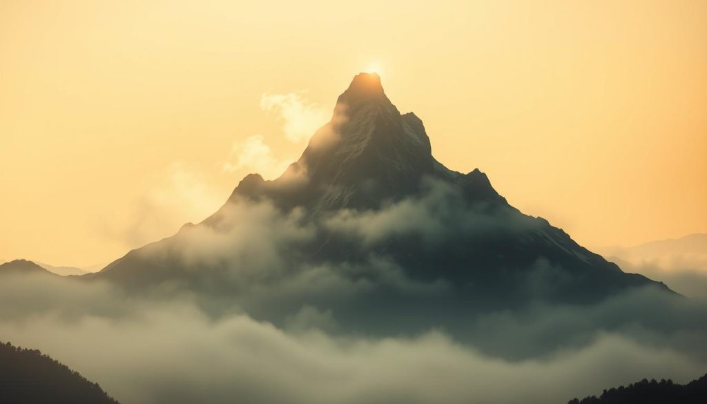 A mystical mountain symbol emerges against a serene, ethereal landscape. Wisps of mist swirl around its majestic peaks, casting an otherworldly glow. The shape and size of this symbolic mountain hold deep significance, reflecting the viewer's inner journey and the insights they may glean from the coffee grounds. Warm, diffused lighting bathes the scene, creating a contemplative atmosphere. Nebahat Özge Tan's unique perspective is woven into this evocative, open-ended interpretation, inviting the viewer to ponder the mountain's message.