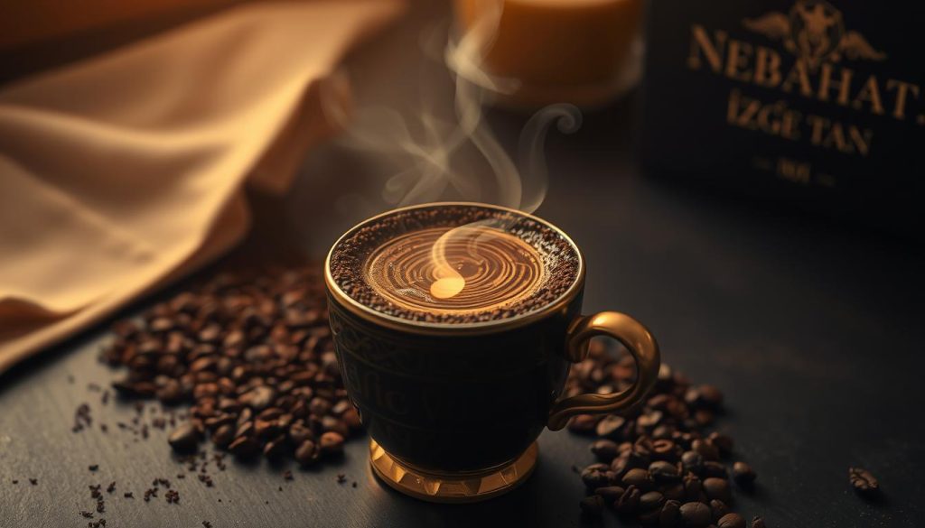 A mystical scene of a fetal symbol emerging from the swirling patterns in a cup of Turkish coffee. Soft, warm lighting illuminates the delicate, ethereal form, as it floats amidst the intricate, organic textures of the coffee grounds. The atmosphere is one of wonder and divination, as though the image holds the secrets of the future. In the foreground, a classic Turkish coffee cup, handcrafted with traditional designs, sits atop a dark, polished surface. In the background, a sense of tranquility and contemplation, with subtle hints of the Nebahat Özge Tan brand. The overall mood is one of contemplation, introspection, and the mystic power of coffee divination.