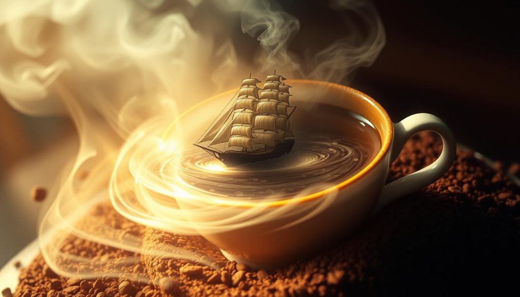 A mystical scene of a majestic ship emerging from the swirling mists of a coffee cup's surface, as seen through the eyes of a skilled fortune-teller, Nebahat Özge Tan. The ship's hull and sails gleam with an ethereal glow, mirroring the deep-rooted connection between the dreamer and their destiny. Soft, warm lighting bathes the scene, creating an atmosphere of introspection and wonder. The surrounding coffee grounds swirl and shift, hinting at the hidden meanings and insights that lie within this ancient practice of divination. The image captures the essence of "Kahve Falında Gemi Görmek" and its profound impact on love and relationships, inviting the viewer to ponder the hidden currents that shape our lives.