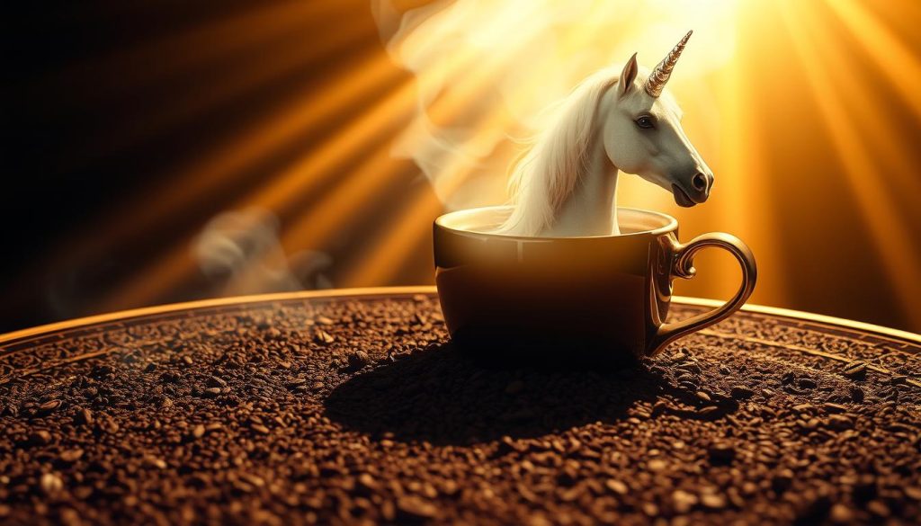 A mystical scene unfolds as a majestic unicorn emerges from the swirling steam of a fragrant Turkish coffee cup. Beams of warm, golden light illuminate the enchanting creature, its pearly horn gleaming with an otherworldly radiance. In the foreground, the intricate patterns of the traditional kahve falı (coffee grounds) take on symbolic meaning, hinting at the hidden mysteries of the universe. The serene, ethereal atmosphere evokes a sense of wonder and spiritual awakening. Nebahat Özge Tan's original and thought-provoking interpretation of this intersection between coffee divination and the realm of mythical beings.