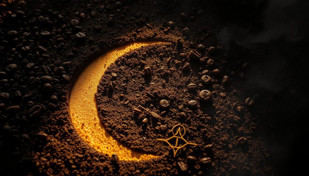 A mystical scene unfolds in the coffee grounds, where the crescent moon and an array of symbolic elements converge. Nebahat Özge Tan's vision captures the intricate details of this divination ritual - the gently swirling patterns, the interplay of light and shadow, the enigmatic symbols that reveal hidden messages. The image evokes a sense of enchantment and invites the viewer to peer into the ancient traditions of Turkish coffee fortune-telling, where the moon's celestial presence holds profound significance. Atmospheric lighting casts a warm, contemplative glow, transporting the observer into a realm of spiritual contemplation and the unknown.