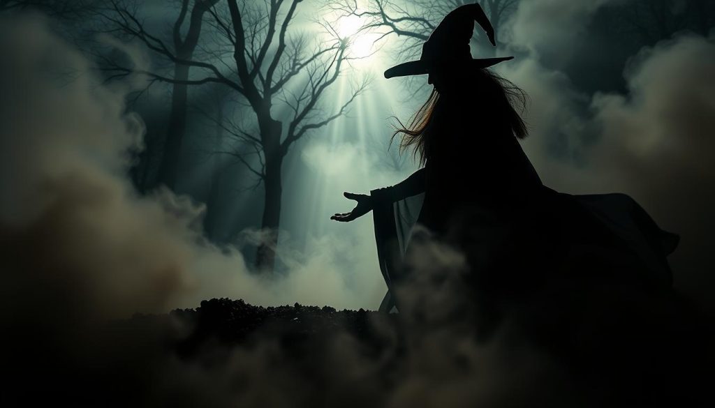 A mystical silhouette of a witch emerges from the swirling mists, her flowing cloak and pointed hat casting ominous shadows. Moonlight streams through the trees, illuminating the scene with an ethereal glow. The witch's outstretched hand seems to beckon, as if conjuring up a vision from the depths of the coffee grounds. This uncanny image, captured by the talented Nebahat Özge Tan, reflects the mysterious shapes and forms that can appear in a coffee reading, hinting at the hidden truths that lie within.