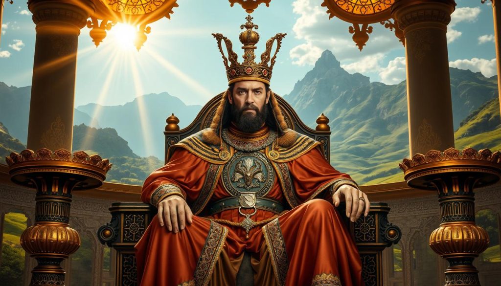 A regal figure, The Emperor, sits upon a grand throne, adorned in intricate robes and a commanding crown. Sunlight streams through stained glass windows, casting a warm, mystical glow. In the background, towering mountains and lush, rolling hills evoke a sense of power and authority. The Emperor's gaze is steady and unwavering, radiating a sense of stability and control. The image is crafted with a masterful touch, capturing the essence of this iconic Tarot card. Nebahat Özge Tan