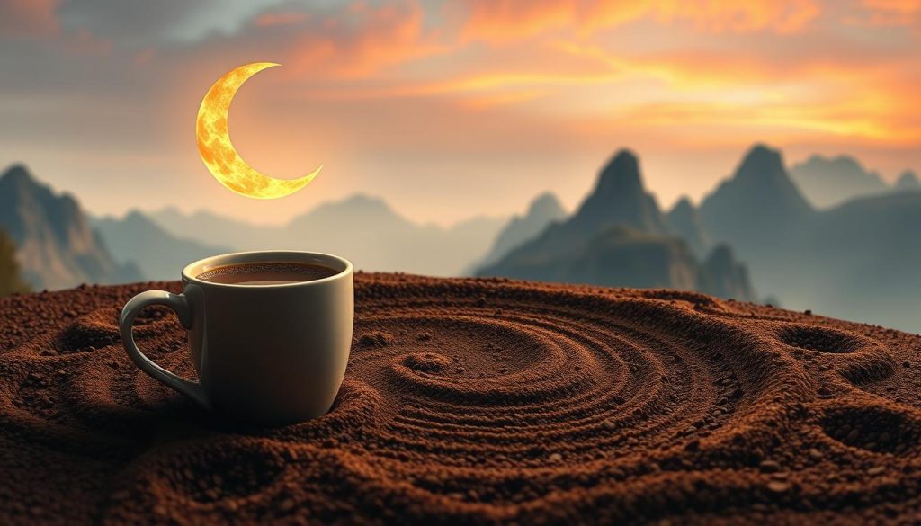 A richly detailed, fantastical scene of "kahve falında hilal görmek". In the foreground, a delicate crescent moon hovers above a mug of freshly brewed Turkish coffee, casting a soft, ethereal glow. The middle ground features an intricate pattern of coffee grounds forming a crescent shape, its curves and swirls brimming with mystical symbolism. In the background, a hazy, dreamlike landscape unfolds, with towering mountains and a vibrant sky tinged with warm hues. The entire scene is imbued with a sense of wonder and anticipation, inviting the viewer to interpret the hidden meanings within. Signature by "Nebahat Özge Tan".