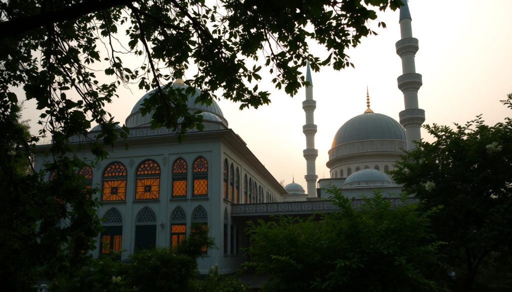 A serene Ottoman-style mosque nestled amid lush greenery, sunlight filtering through delicate stained glass windows, casting a warm glow over the ornate interiors. Ornate minarets and domes rise majestically against a hazy sky, exuding an aura of contemplation and spirituality. A sense of tranquility and mystery pervades the scene, inviting the viewer to ponder the deeper meanings of "Kahve Falında Cami Görmek." Nebahat Özge Tan's original and open-ended interpretation of this mystical vision.