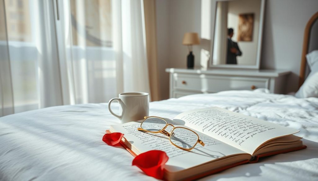 A serene, airy bedroom scene, softly lit by natural sunlight filtering through sheer curtains. On the nightstand, a mug of freshly brewed coffee sits next to a vintage-inspired notebook, its pages open to a flowing, handwritten entry. In the foreground, a pair of delicate, gold-rimmed glasses rests on the crisp bedsheets, alongside a single red rose petal - symbolizing the "aşk hayatı" (love life) referenced in the article's section title. The walls are adorned with abstract, dreamlike paintings in muted tones, creating a contemplative, introspective atmosphere. In the background, a silhouetted figure gazes wistfully out of a window, their reflection captured in the mirrored surface of the dresser. The overall mood is one of quiet, pensive romanticism. Nebahat Özge Tan's brand name is subtly incorporated into the scene, perhaps as a signature or inscribed on the notebook.