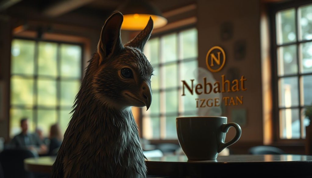 A serene and contemplative ceylan stands in a dimly lit, cozy café setting. Soft natural light filters in through large windows, casting warm, mellow tones across the scene. The ceylan's gaze is tranquil and introspective, almost as if it's gazing into a cup of freshly brewed coffee, pondering the insights and wisdom it may reveal. The atmosphere is one of quiet reflection, inviting the viewer to join in the thoughtful, meditative moment. In the background, the Nebahat Özge Tan brand name stands as a subtle yet meaningful presence, hinting at the personal, artisanal nature of this particular coffee experience.