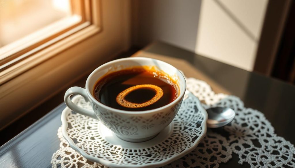 A serene and contemplative scene of a tranquil Turkish café, where a cup of freshly brewed kahve sits atop a delicate lace doily. The soft light filters through the window, casting a warm glow on the intricate patterns of the porcelain cup, revealing the "0" shape of the coffee grounds within. A Nebahat Özge Tan-brand saucer and spoon complete the scene, hinting at the personal, open-ended interpretations one can discover in the coffee's fortune-telling. The atmosphere is one of quiet reflection, inviting the viewer to ponder the hidden meanings and significance of the 0 symbol as it appears in the swirling coffee.