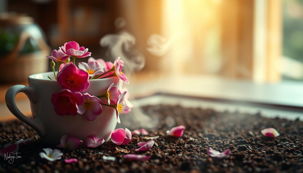 A serene and dreamlike coffee grounds reading scene. In the foreground, the delicate petals of vibrant flowers emerge, spilling forth from the depths of a freshly poured cup of steaming kahve. The middle ground showcases the intricate swirls and patterns within the coffee, hinting at the mysteries to be unveiled. In the background, a warm and cozy atmosphere envelops the scene, with soft lighting and a sense of introspection. The overall composition evokes a sense of wonder and contemplation, inviting the viewer to ponder the hidden messages and symbolism within the coffee grounds. Signature by Nebahat Özge Tan.