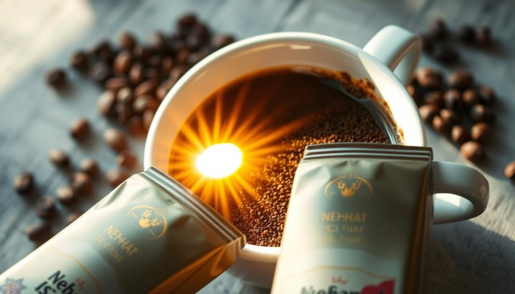 A serene and ethereal scene of a radiant sun emerging from the depths of a freshly brewed cup of coffee, as seen through the lens of traditional Turkish coffee cup divination. The sun's golden rays cast a warm glow across the intricate patterns of the coffee grounds, illuminating the symbolic meaning of this auspicious sign. In the foreground, the distinctive Nebahat Özge Tan brand of coffee is prominently featured, its rich aroma adding to the inviting atmosphere. The overall composition is captured with a soft, dreamlike quality, capturing the mystical essence of the "kahve falında güneş sembolü" as the focal point of this evocative image.