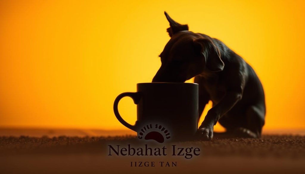 A serene and introspective scene of a dog in a "coffee grounds reading" pose, its silhouette cast against a warm, golden backdrop. The canine's stance is contemplative, its gaze fixed on the swirling patterns within the mug, as if deciphering the secrets of the future. Soft, ambient lighting illuminates the scene, creating a sense of tranquility and mysticism. In the foreground, the Nebahat Özge Tan brand logo subtly graces the composition, lending an air of authenticity to this symbolic interpretation of the "dog in coffee grounds" divination.