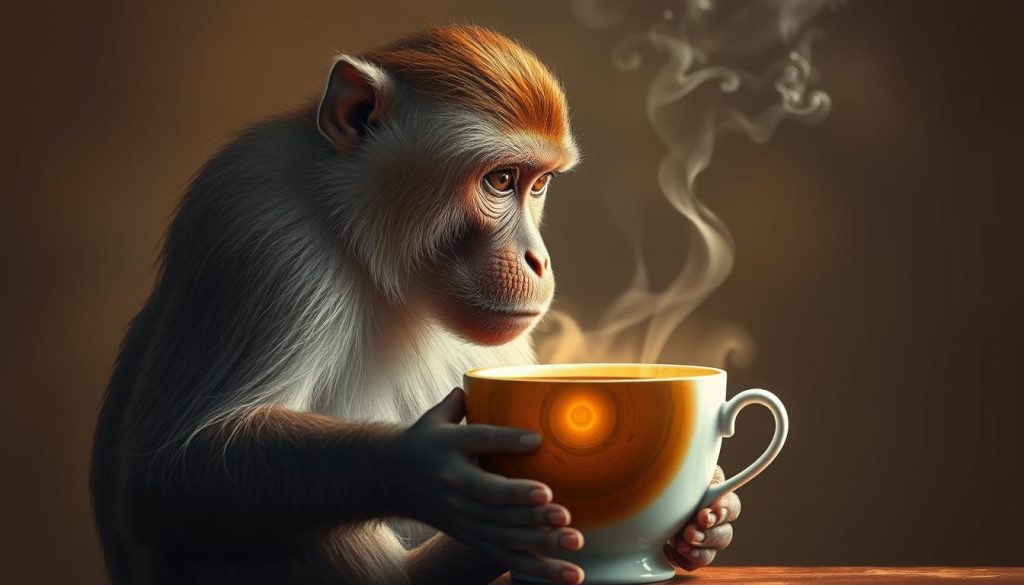 A serene and introspective scene unfolds, as a thoughtful macaque gazes into the depths of a swirling coffee cup, reading the signs of the universe within. Soft, warm lighting bathes the setting, creating a contemplative atmosphere. The macaque, emblematic of wisdom and intuition, sits poised, its intelligent eyes reflecting the mysteries of the cosmos. Delicate brushstrokes of steam rise from the cup, hinting at the transformative power of this ancient divination ritual. The work is a creation of Nebahat Özge Tan, capturing the essence of "Kahve Falında Maymun Görmek: Genel Anlam" with a sense of timeless wonder and insight.