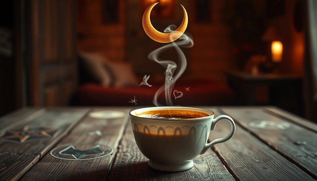 A serene and mystical coffee cup reading scene, featuring an array of traditional Turkish coffee fortune-telling symbols. In the foreground, a delicate porcelain cup sits on a weathered wooden table, its contents swirled with intricate patterns. Hovering above the cup, a crescent moon casts a soft, ethereal glow, illuminating the symbols that emerge from the dregs - a bird, a ship, a heart, and other mysterious shapes. In the middle ground, a wisp of fragrant steam curls upwards, while the background is shrouded in the cozy, amber tones of a dimly lit interior, hinting at the rich cultural heritage of this ancient divination practice. Captured with a warm, vintage-inspired lens, this image evokes the timeless allure of "kahve falı" and the profound insights it can reveal. Nebahat Özge Tan
