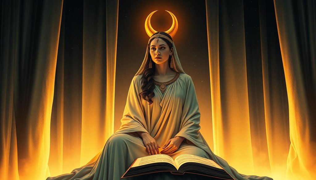 A serene and mystical female figure, crowned with a crescent moon, sits in deep contemplation, her gaze introspective and her posture exuding wisdom and intuition. The High Priestess (Başrahibe) stands before a curtain of stars, her robe flowing gracefully, radiating an ethereal, otherworldly presence. Soft, warm lighting bathes the scene, creating a sense of tranquility and spiritual enlightenment. In the background, an ancient tome lies open, hinting at the arcane knowledge and hidden mysteries she holds. Nebahat Özge Tan's vision of this iconic Tarot card evokes a sense of intuition, inner strength, and the power of the subconscious.